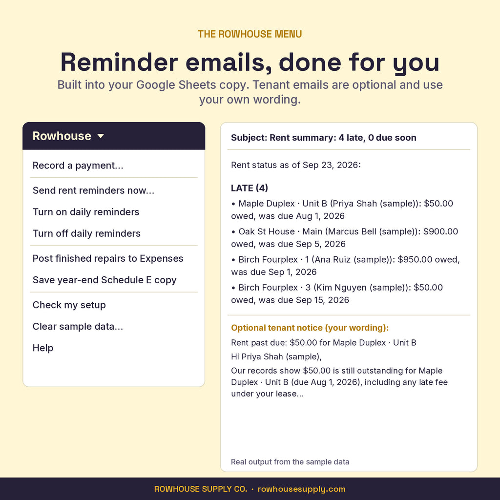 Rowhouse menu in Google Sheets and a sample late-rent summary email